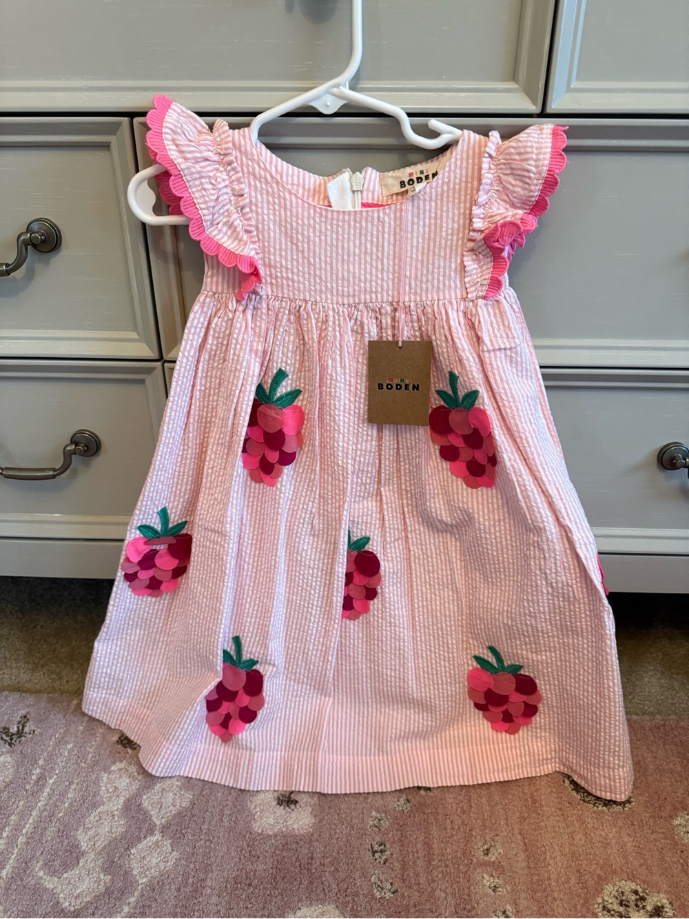 Mini Boden Pink Seersucker Raspberry Appliqué Dress - NWT - size 4-5y